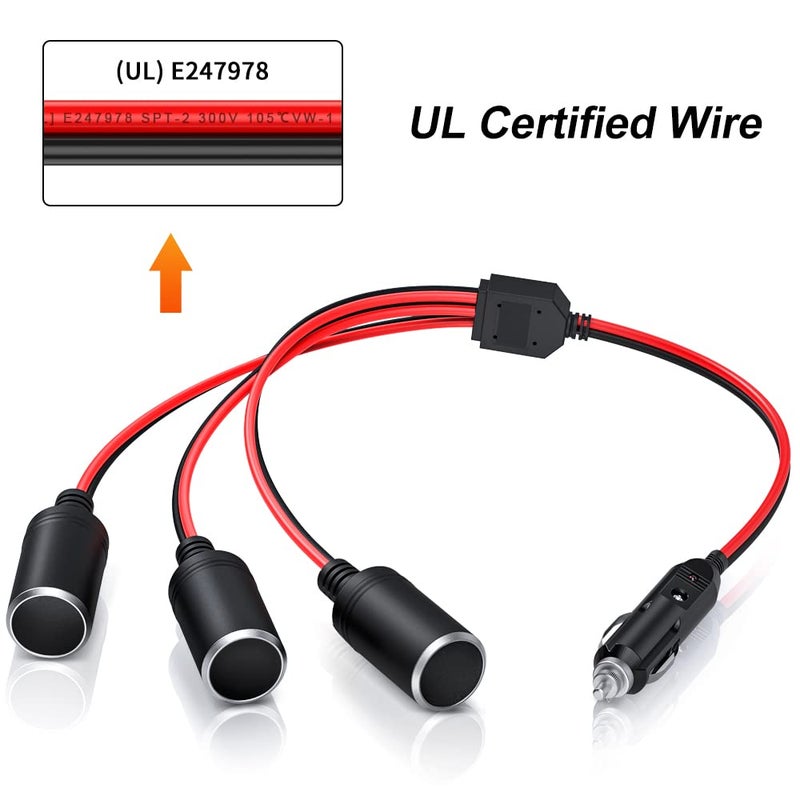 ELECTOP 1 to 3 Car Cigarette Lighter Socket Splitter Adapter Power Charger Port, 12V 24V Car Power Splitter 3-Way Plug Outlet Adapter, 12inch Cigarette Lighter Extension Cord Cable 16AWG with 15A Fuse - Image 3